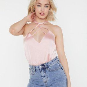 NWOT Nasty Gal Satin Pink Cami Top | Size 2 | Choker Design Strappy Halter Neck